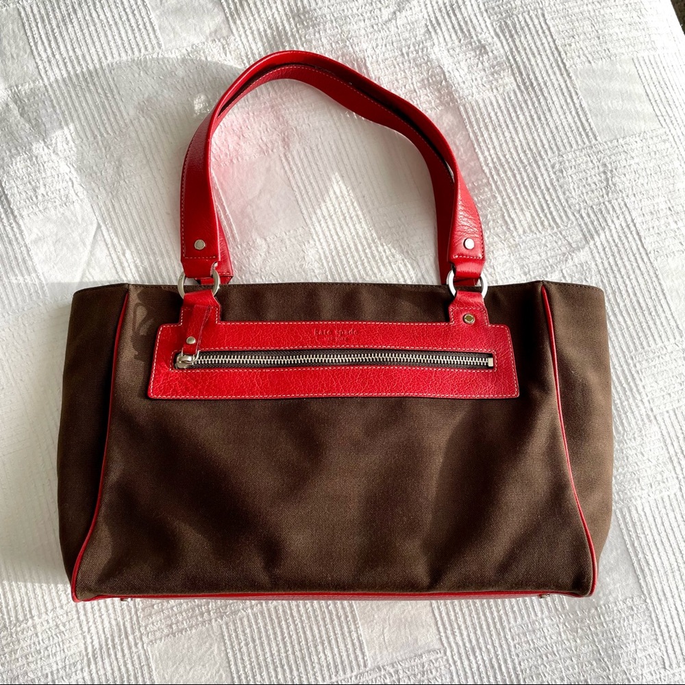 Kate Spade Red Leather Trim Chocolate Brown Canvas Shopping Tote